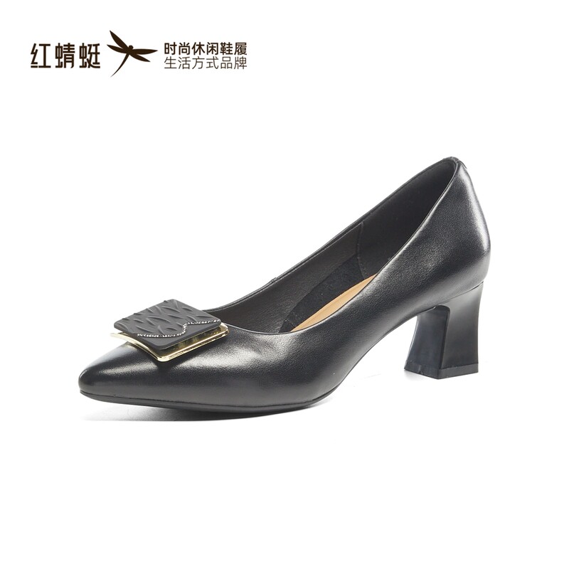 红蜻蜓秋女时装牛皮鞋粗高跟尖头