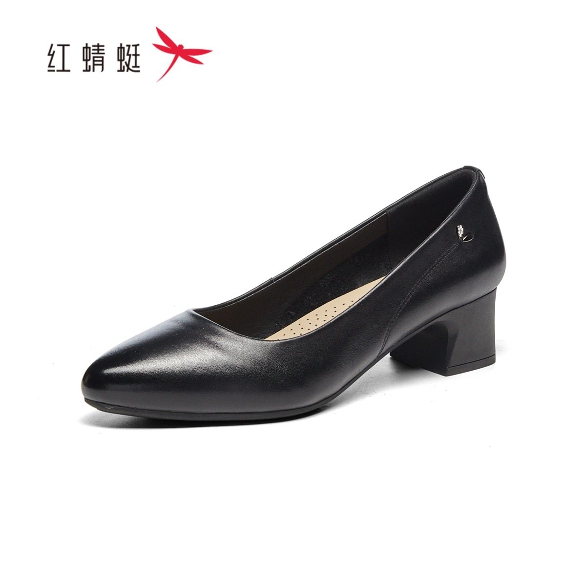 红蜻蜓春季女士工装牛皮鞋方跟