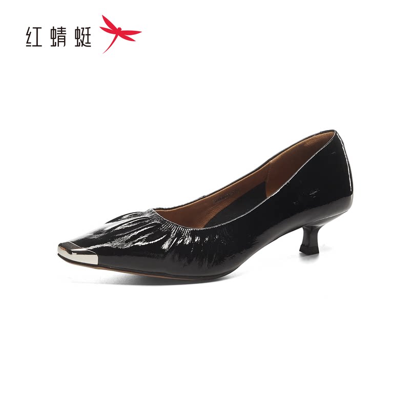 红蜻蜓秋季女士单鞋矮跟金属鞋头