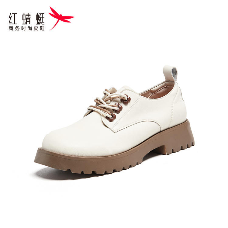 红蜻蜓春秋季女士皮鞋乐福双绑带