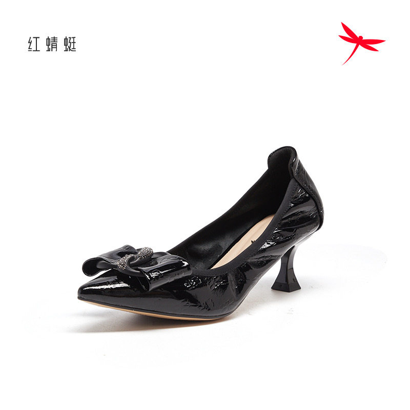红蜻蜓春秋女士单皮鞋细高跟漆皮