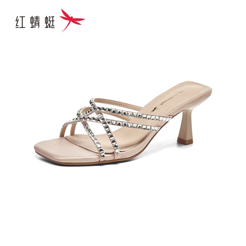 红蜻蜓夏女凉一字皮拖鞋低跟钻条