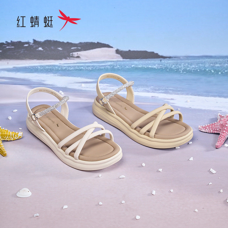 红蜻蜓夏女士皮凉鞋厚底钻条平跟