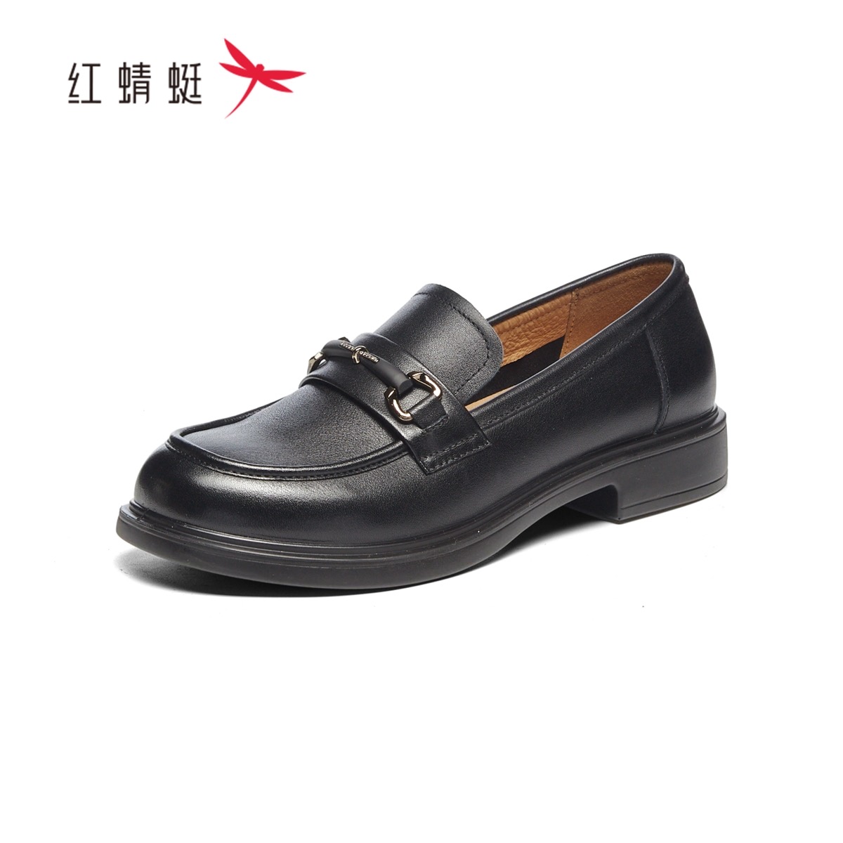 红蜻蜓春女士乐福豆豆牛皮鞋方跟