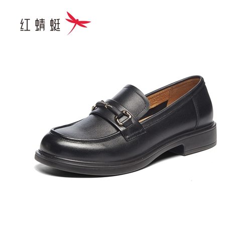 红蜻蜓春女士乐福豆豆牛皮鞋方跟