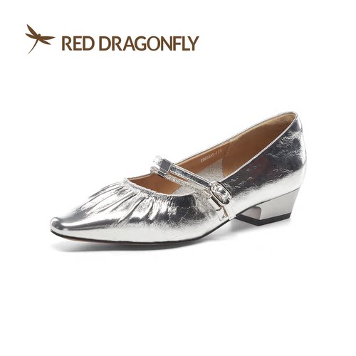 红蜻蜓春女士牛皮鞋浅口中跟尖头