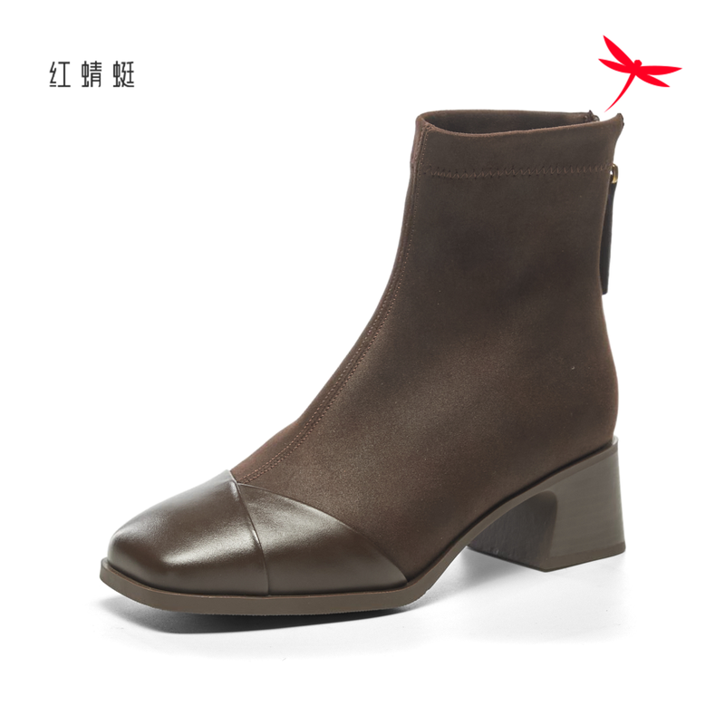 红蜻蜓冬女弹力短筒靴子瘦瘦粗跟
