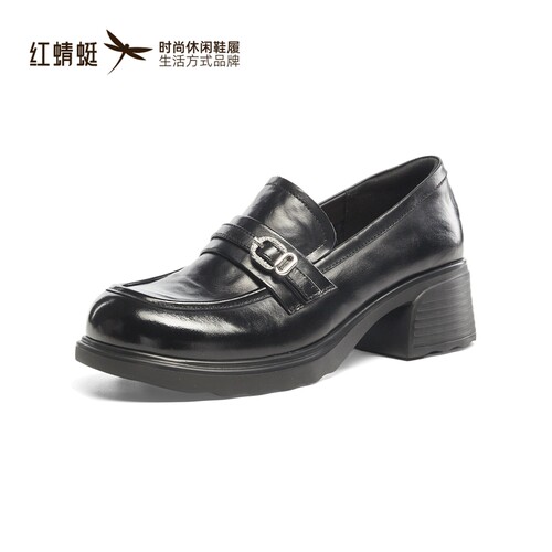 红蜻蜓秋女牛皮乐福鞋方粗跟厚底