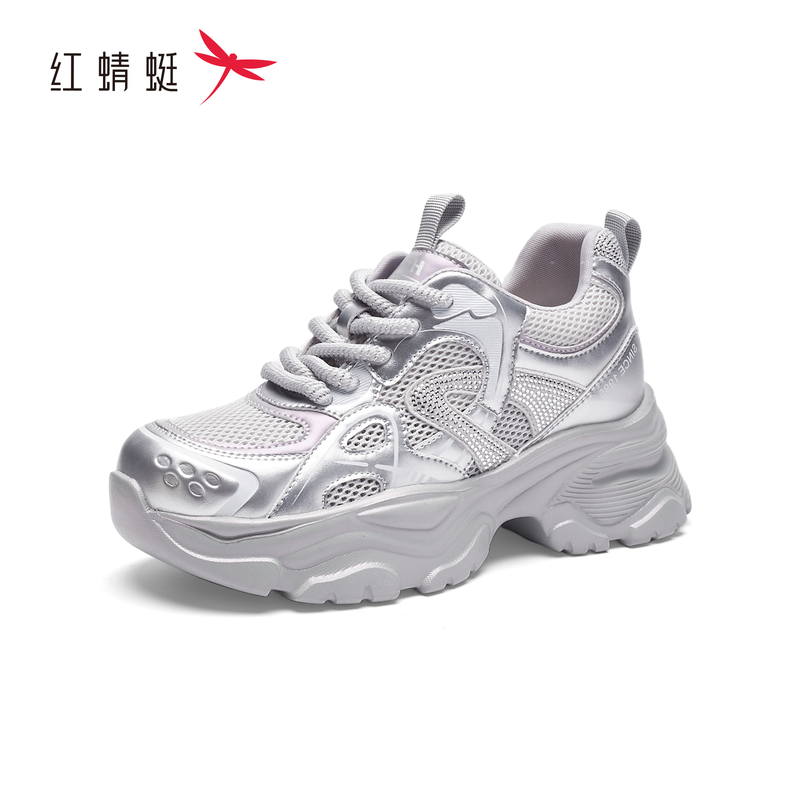 红蜻蜓秋女士老爹鞋休闲厚底网面