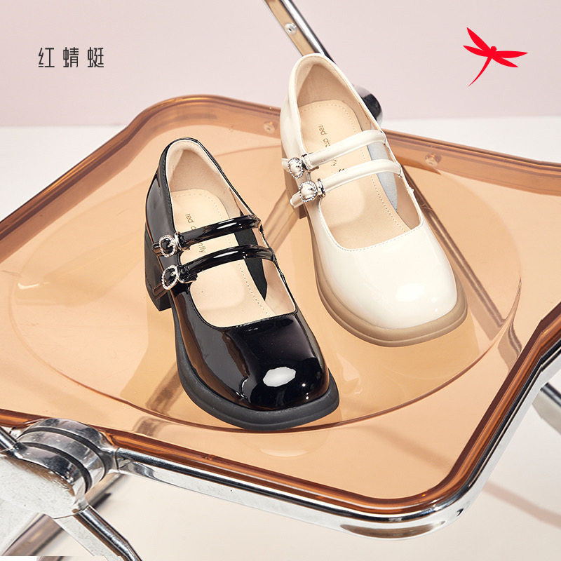 红蜻蜓秋季女士漆皮鞋粗跟玛丽珍