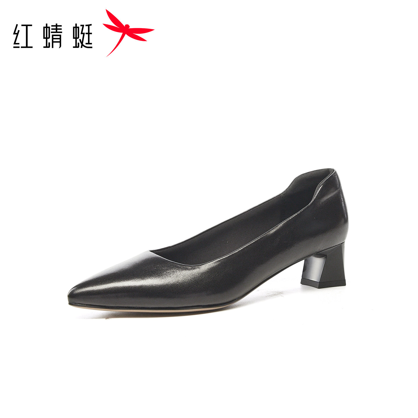 红蜻蜓秋女羊皮工装单鞋尖头浅口