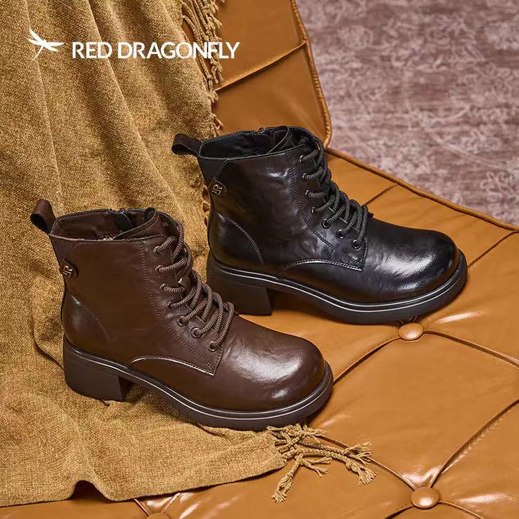 红蜻蜓冬女马丁短筒皮靴方跟棉鞋