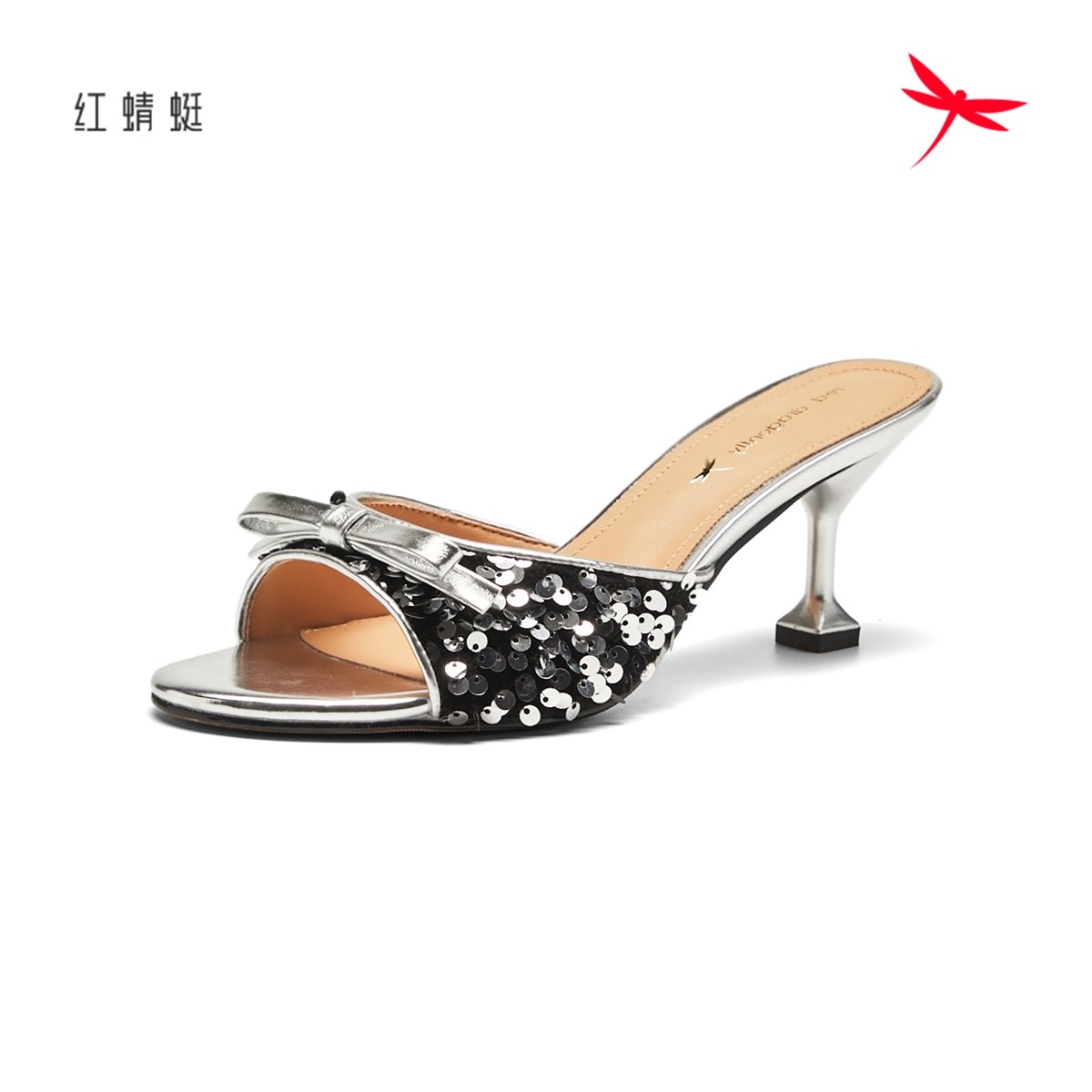 红蜻蜓2024夏季女士凉一字皮拖鞋KX53038031细跟亮片 KX53038032