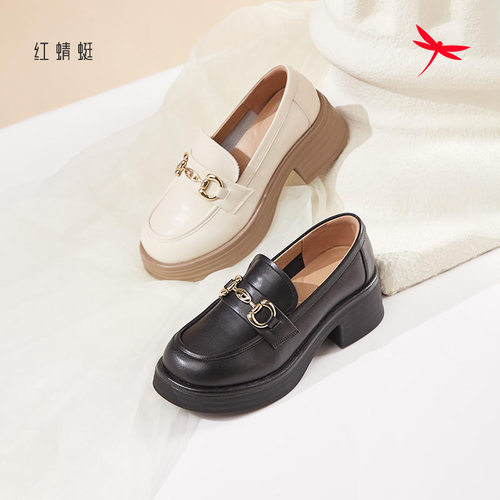 红蜻蜓乐福鞋女春秋新款中跟厚底