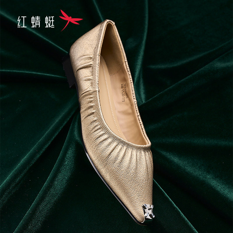 红蜻蜓春季女士皮瓢船鞋平跟尖头