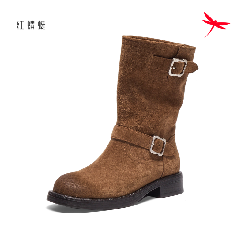 红蜻蜓冬季女中筒堆堆靴子方跟