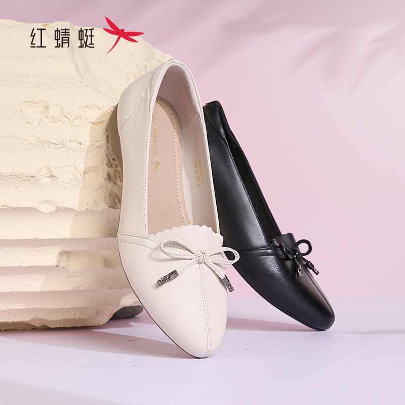 红蜻蜓春季女士牛皮鞋蝴蝶结坡跟