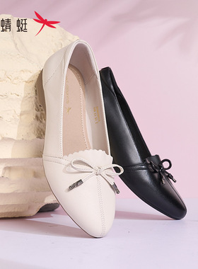 红蜻蜓2025春季新女士牛皮鞋BC68280011圆头浅口坡跟蝴蝶结一脚蹬