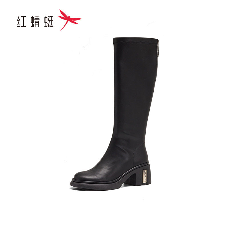 红蜻蜓冬季女士高筒长皮靴方跟
