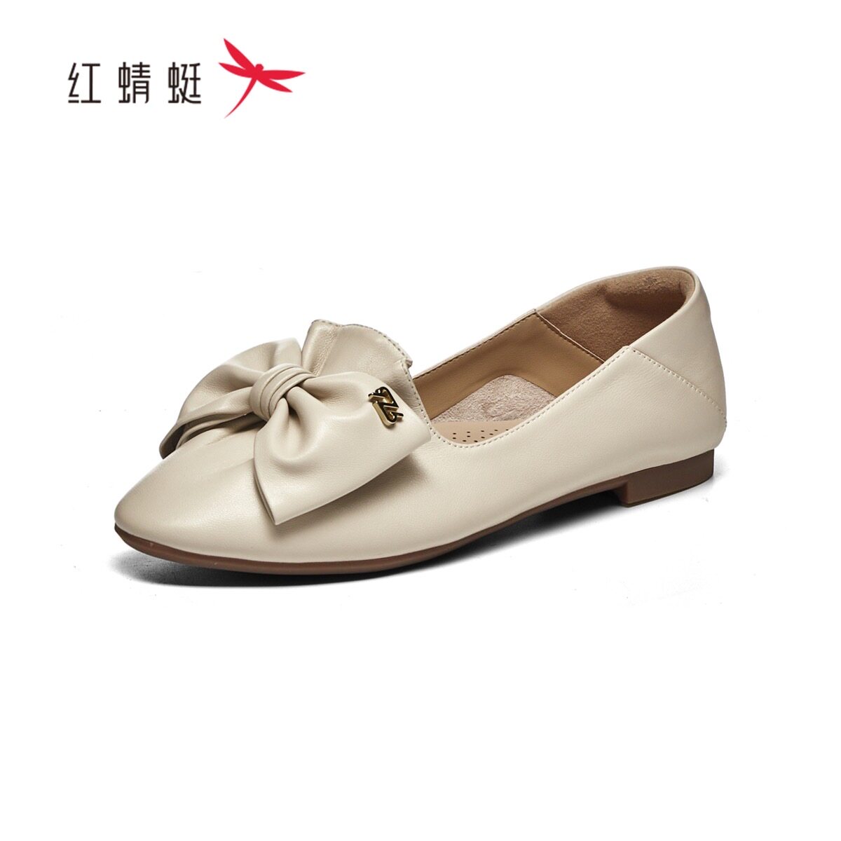 红蜻蜓春季女士羊皮鞋蝴蝶结尖头