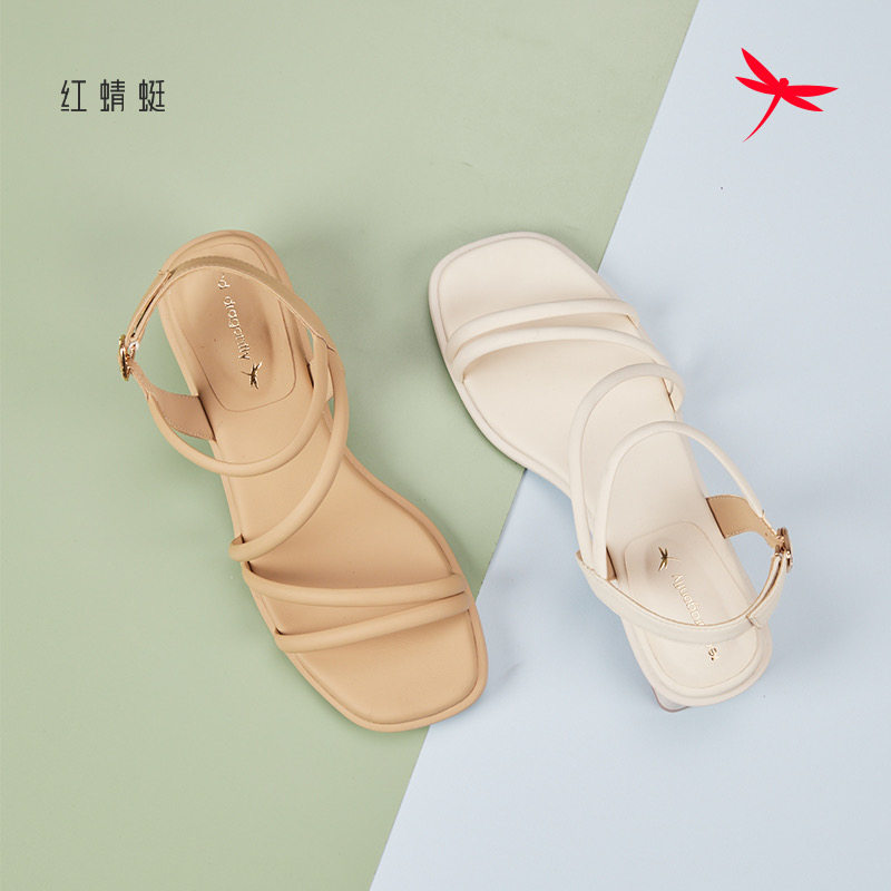 红蜻蜓女凉鞋夏季新款中跟露趾