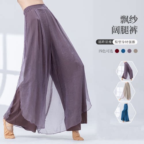 圆弧形下摆古典舞网纱宽松阔腿裤
