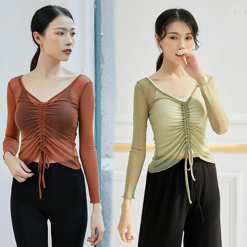 舞蹈服v领上衣女成人形体服外搭短款透视网纱衣芭蕾舞艺考练功服