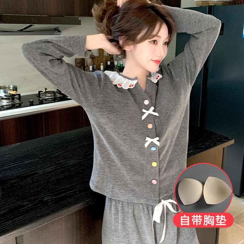 韩版蝴蝶结秋冬睡衣女款2025新款德绒甜美带胸垫公主风保暖家居服