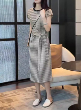 英国cherrykoko夏季新款时尚条纹连衣裙洋气收腰中长款女裙