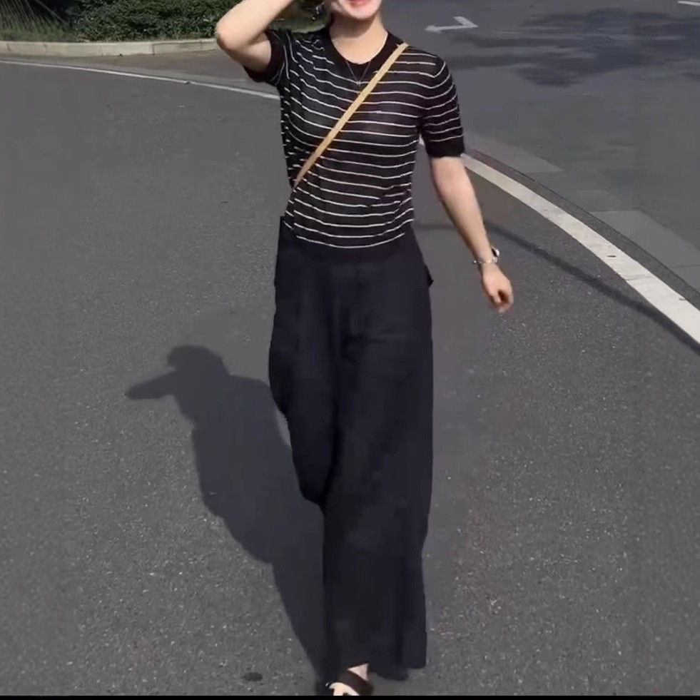 英国cherrykoko夏季新款时尚短袖条纹上衣休闲直筒长裤洋气