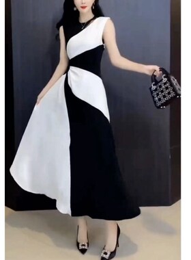 英国cherrykoko夏季新款洋气女优雅长裙无袖拼色时尚显瘦女