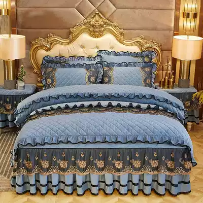Thickened and warm Nordic style crystal velvet bed skirt four-piece set padded quilted lace embroidery bed set
