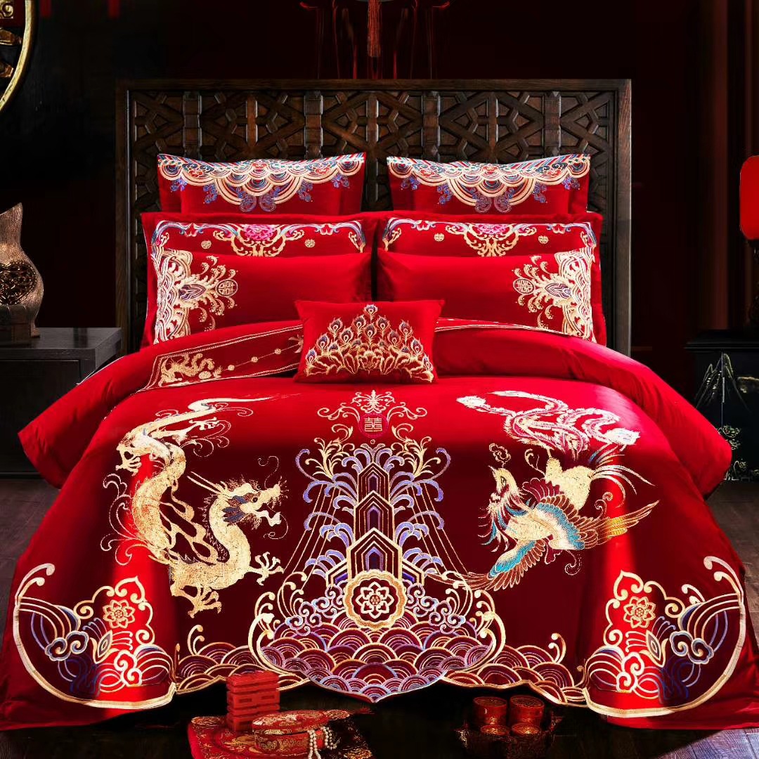 Wedding four-piece set of wedding bedding All-cotton newlywed set Big red cotton happy quilt bed cover skirt bed single wedding