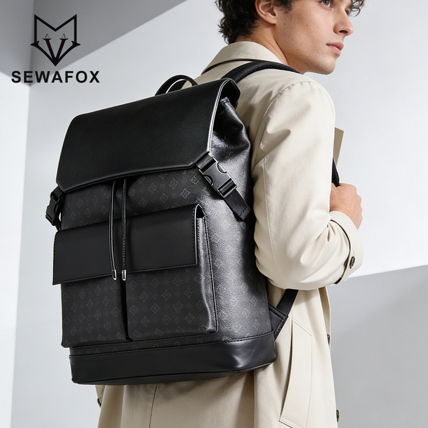 高级感男士印花双肩包翻盖抽绳商务背包大容量通勤电脑包旅行书包