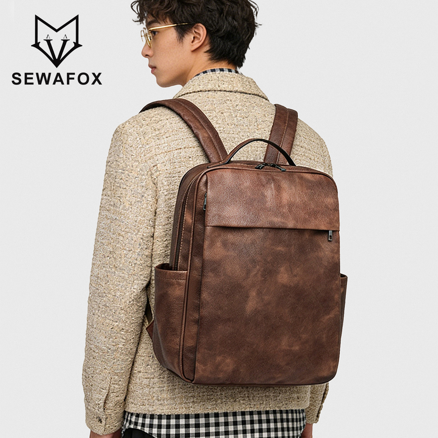 复古双肩包男士简约商务通勤电脑背包休闲大学生书包女皮质旅行包