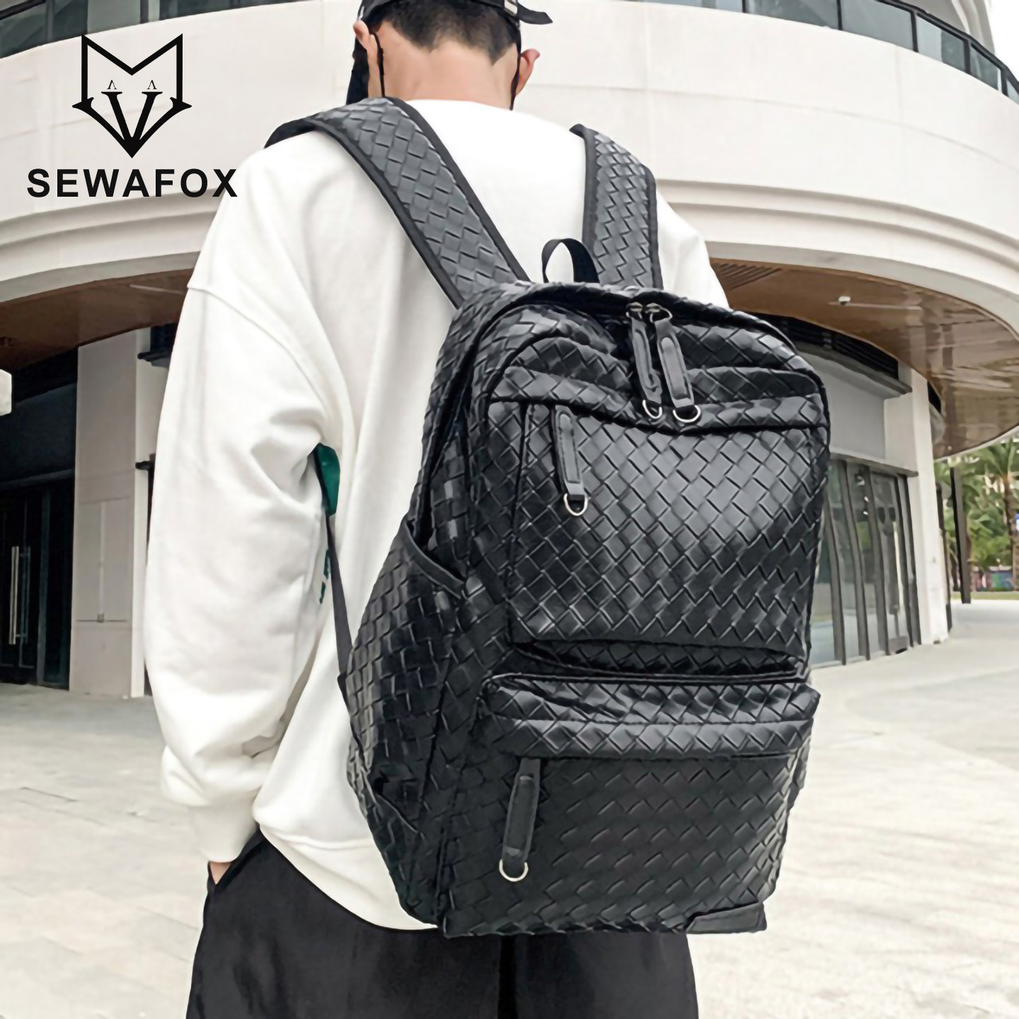 高级感双肩包潮牌旅行男士旅行男包皮质电脑背包编织大学生书包男