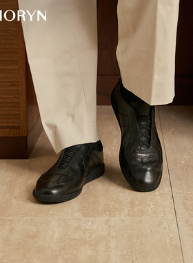 【张颜齐同款】chioryn青润德训鞋男生黑色真皮复古鞋一脚蹬板鞋