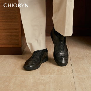 男生黑色真皮复古鞋 chioryn青润德训鞋 一脚蹬板鞋 张颜齐同款