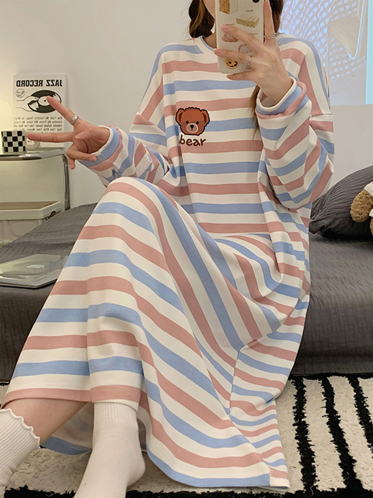 봄 가을 겨울 순면 긴팔 잠옷 여성용 발목 길이 줄무늬 잠옷 루즈한 아우터 잠옷 가정복 순면