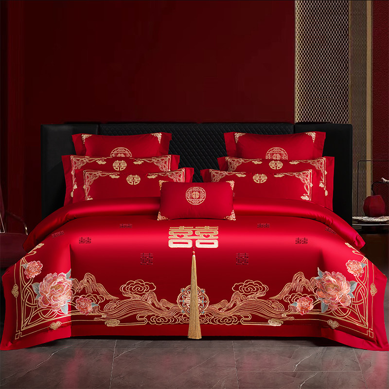 高档中式婚礼纯棉四件套大红色刺绣婚庆床品新婚夫妇红色婚庆用品