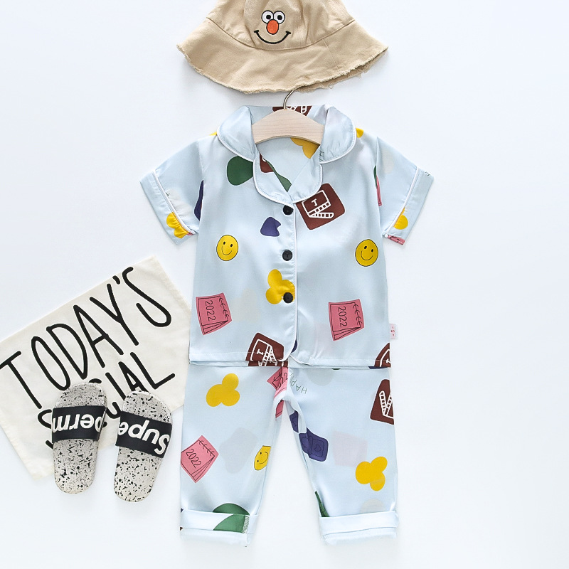 BE64中小童夏季家居服0-4岁男女宝宝短袖长裤绸缎凉爽透气睡衣