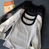 A类真德绒锁温撞色条纹女打底衫 轻盈不臃肿 隐形U领 460G加厚