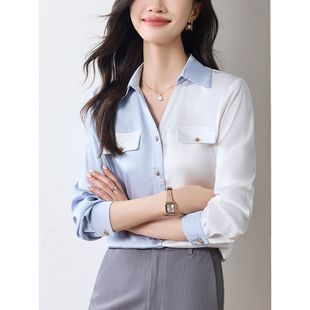 别致上衣 2025秋季 新款 POLO领职业通勤衬衣设计感拼色缎面长袖 衬衫