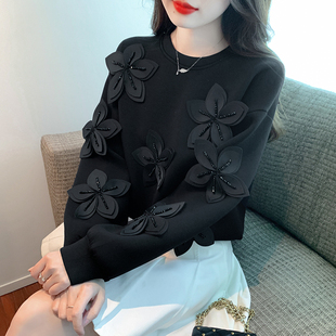 立体花朵太空棉卫衣女长袖2025年秋季新款慵懒风宽松套头圆领上衣
