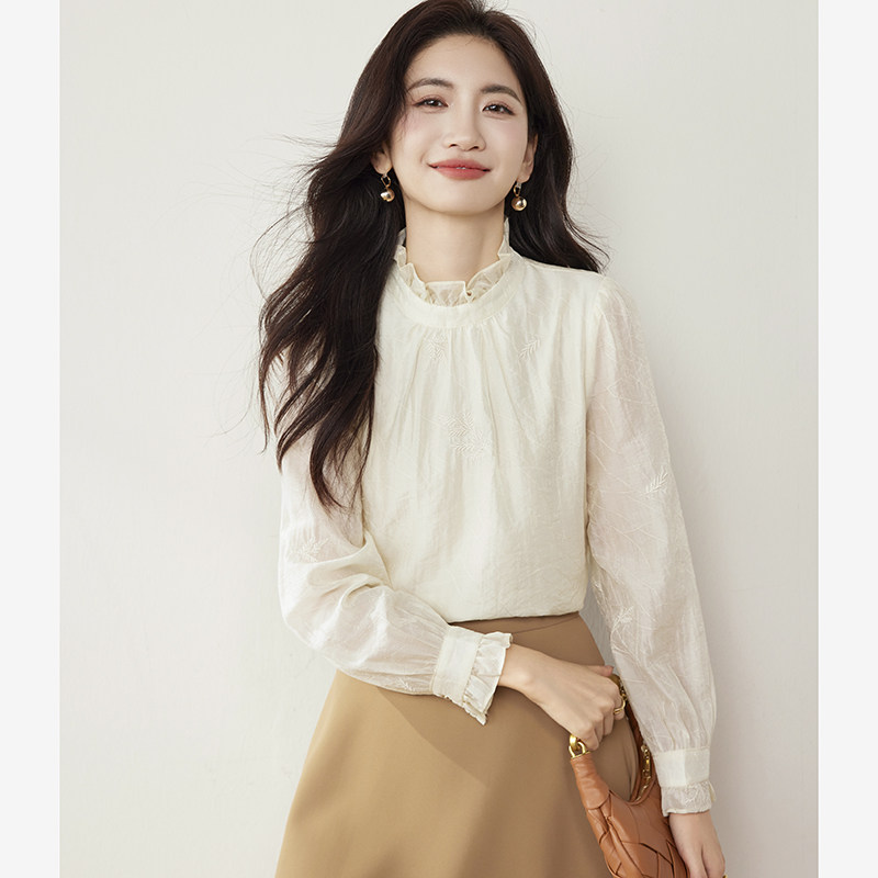 2025秋装新款通勤木耳边时尚百搭甜美气质重工刺绣雪纺衬衫上衣女
