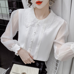 秋季 女上衣洋气小衫 2025新款 长袖 设计感小众娃娃领白色衬衫 雪纺衫