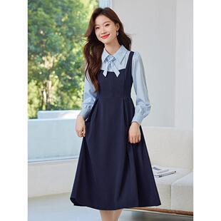 秋季新款2024年教资面试复试学院风气质连衣裙假两件女长袖长裙子