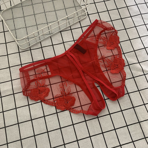 超性感火辣刺绣内裤透明网纱蕾丝低腰诱惑薄纯欲风红色黑色开叉花
