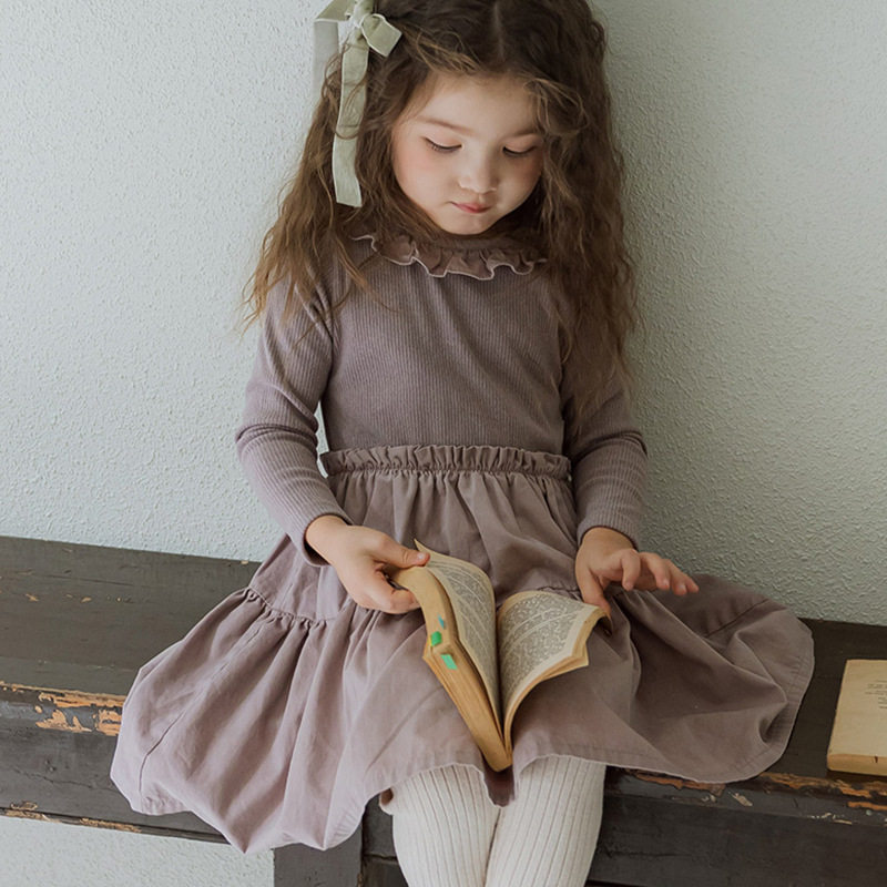 2025冬款草莓珊韩国女孩纯色花边层次感拼接ins女童加厚连衣裙