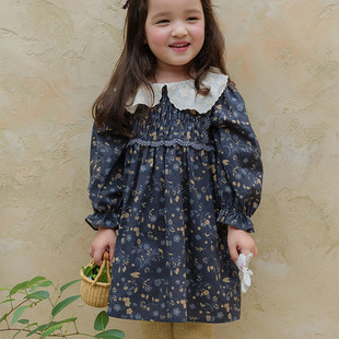2026春款草莓珊韩国儿童女孩女童刺绣花边翻领泡泡袖碎花连衣裙